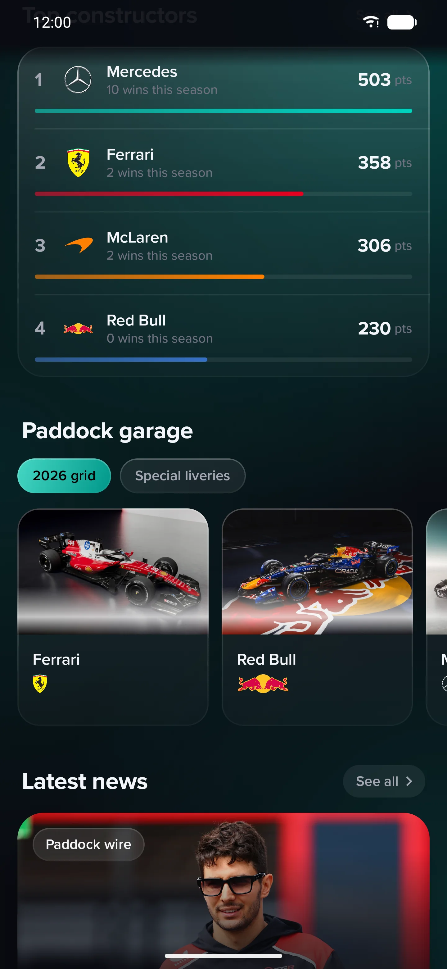 Pitwall constructors and garage screen