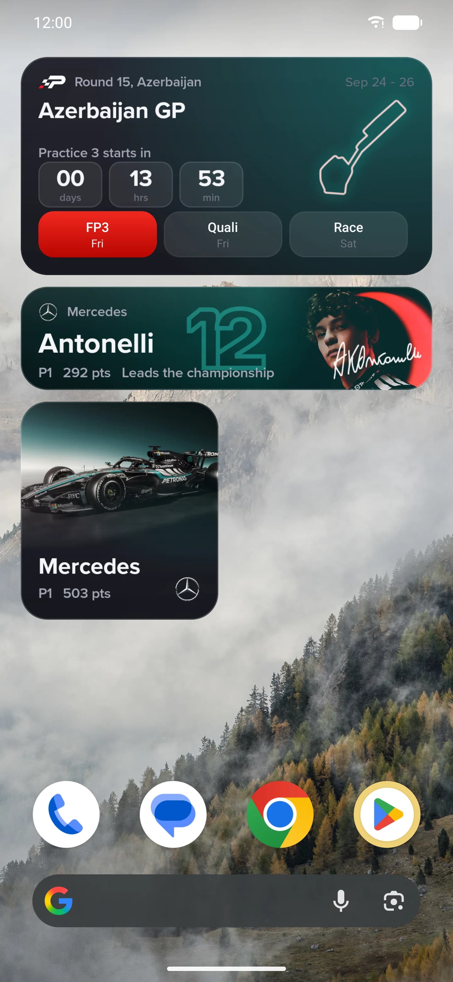 Android home screens with Pitwall's weekend countdown, driver focus, team focus and driver standings widgets